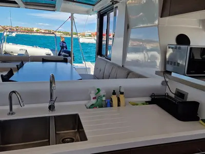 Galley of Fabster19, a Bali 4.2 catamaran at Figari/Golfo Aranci, Italy