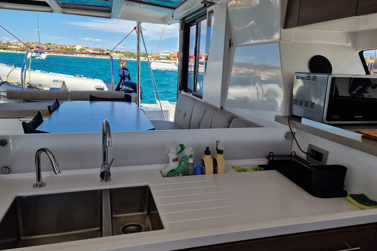 Galley of Fabster19, a Bali 4.2 catamaran at Figari/Golfo Aranci, Italy