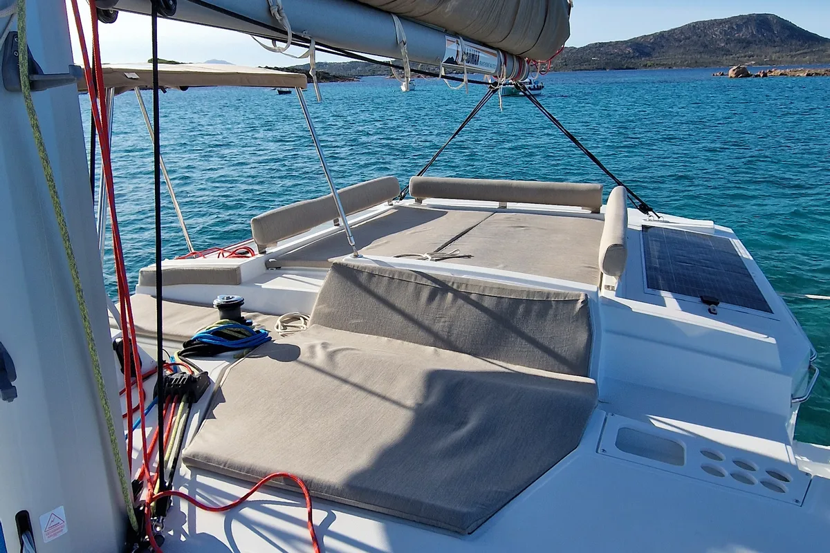 Deck of Fabster19, a Bali 4.2 catamaran at Figari/Golfo Aranci, Italy