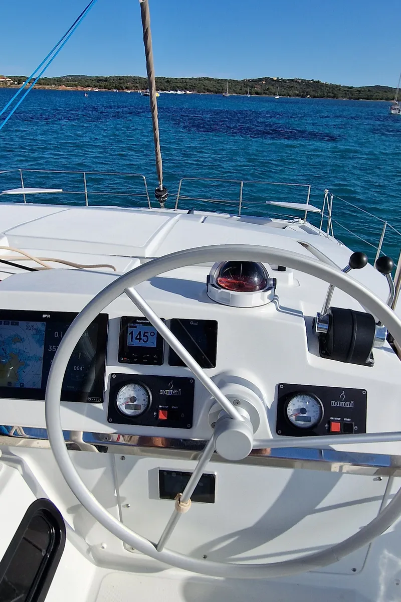 Cockpit of Fabster19, a Bali 4.2 catamaran at Figari/Golfo Aranci, Italy