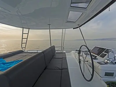 Cockpit of K3, a Lagoon 50 catamaran at Kos, Greece