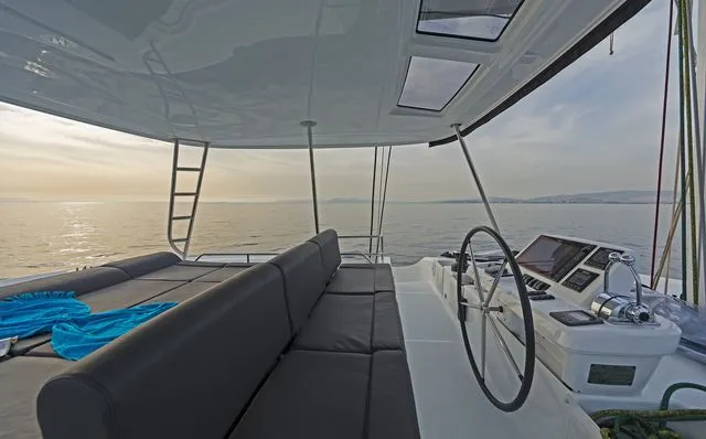 Cockpit of K3, a Lagoon 50 catamaran at Kos, Greece