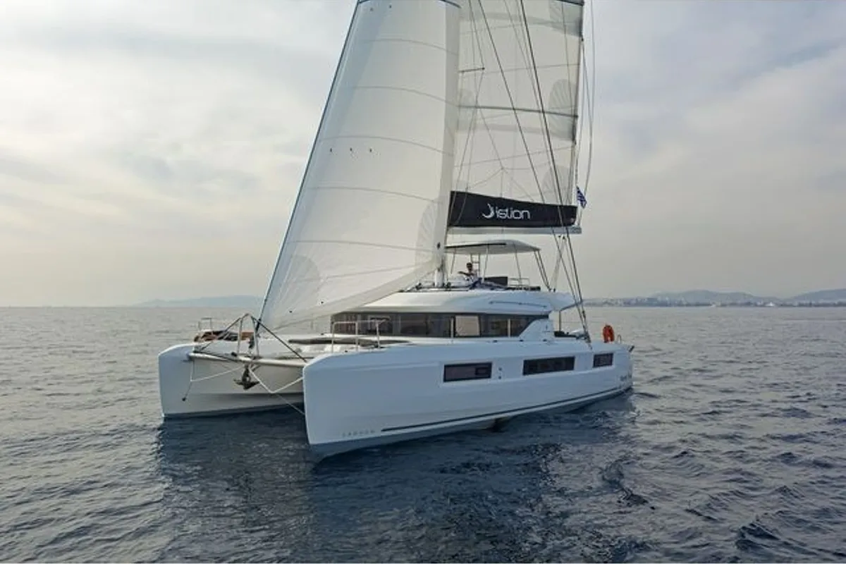 Exterior view of K3, a Lagoon 50 catamaran at Kos, Greece