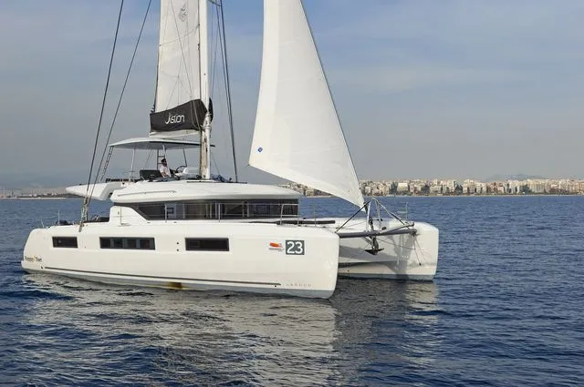 Exterior view of K3, a Lagoon 50 catamaran at Kos, Greece