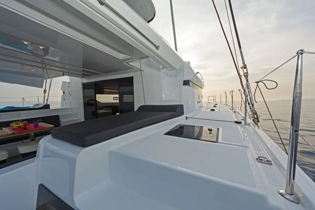 Deck of K3, a Lagoon 50 catamaran at Kos, Greece