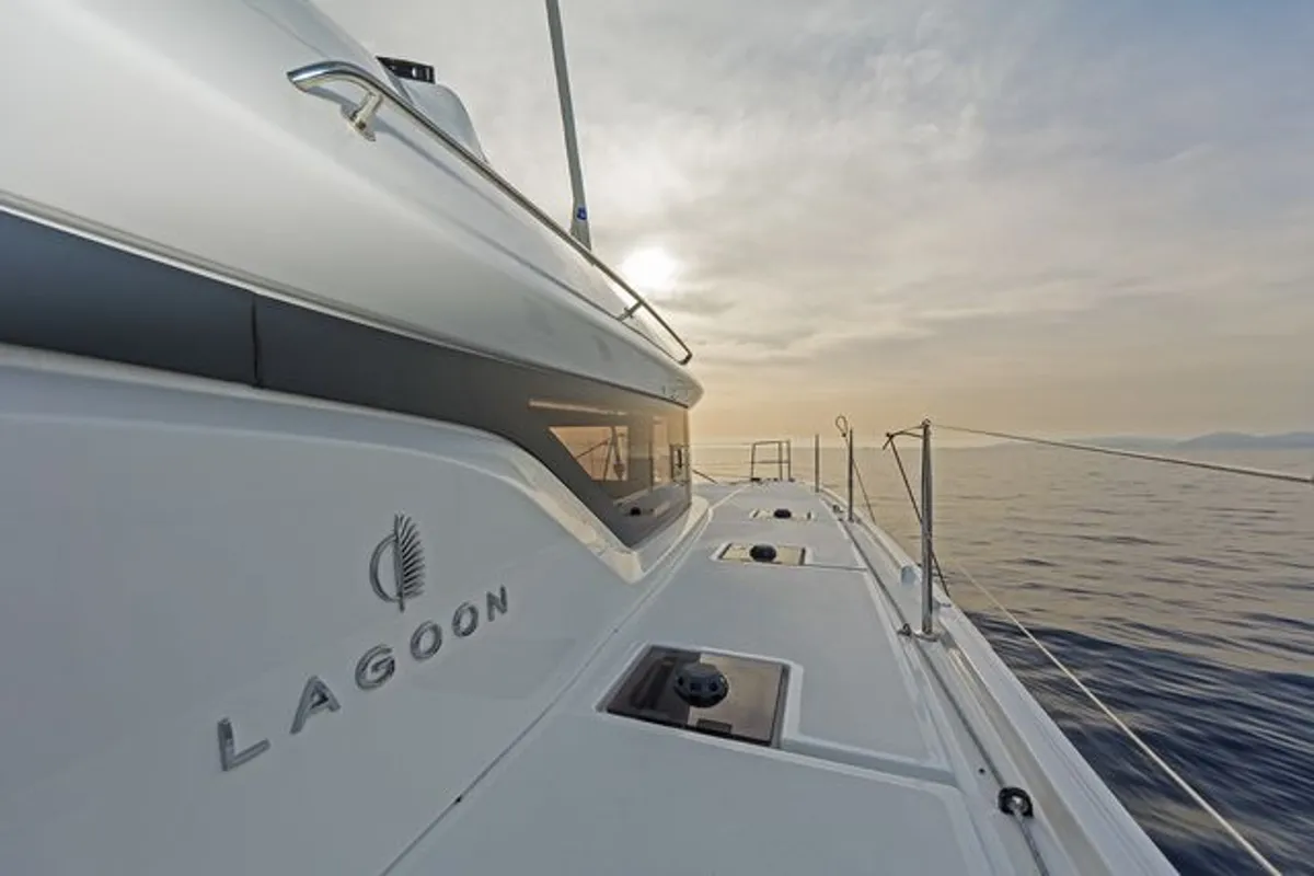 Deck of K3, a Lagoon 50 catamaran at Kos, Greece