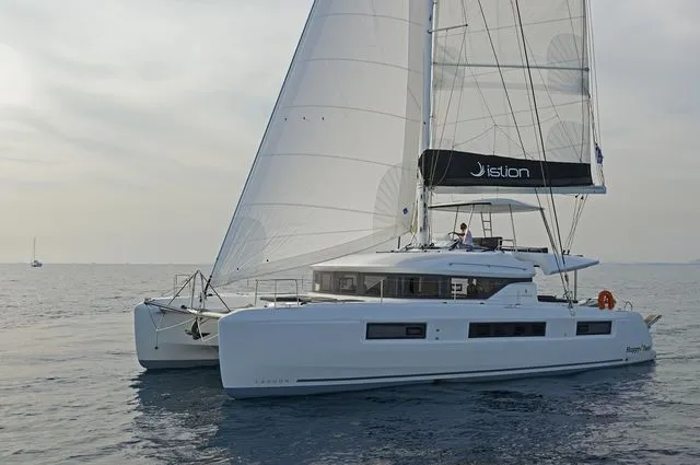 Exterior view of K3, a Lagoon 50 catamaran at Kos, Greece