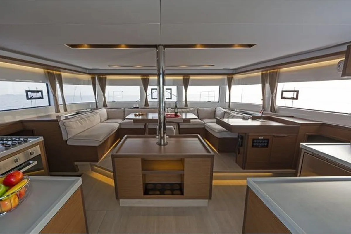 Salon of K3, a Lagoon 50 catamaran at Kos, Greece