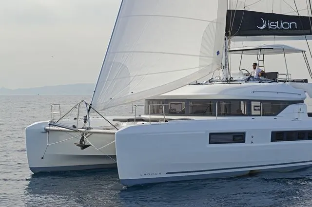 Exterior view of K3, a Lagoon 50 catamaran at Kos, Greece