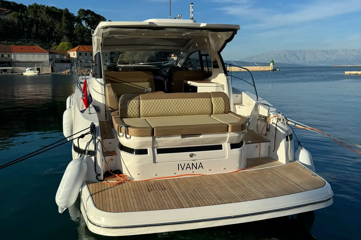 Exterior view of Ivana, a Bavaria SR41 motor yacht at Grad Trogir, Croatia
