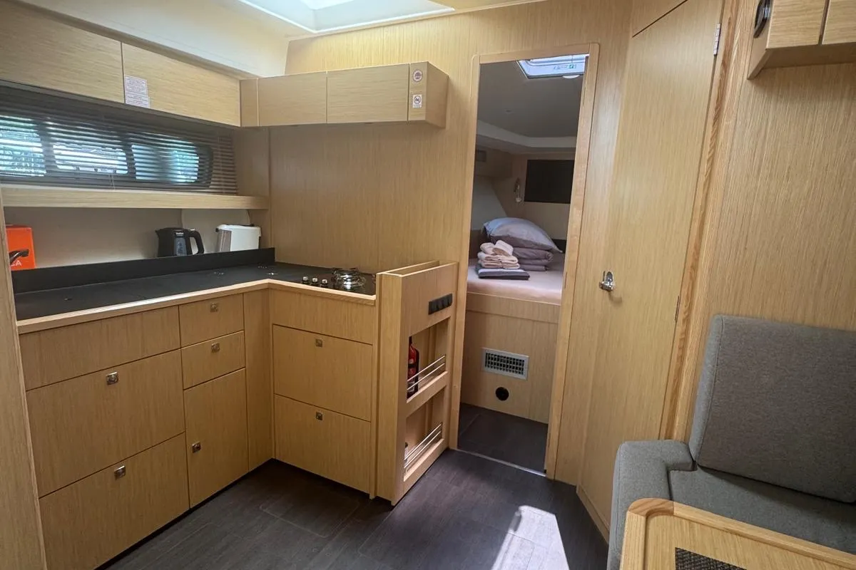 Galley of Ivana, a Bavaria SR41 motor yacht at Grad Trogir, Croatia