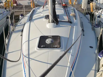 Deck of Charoula, a Jeanneau Sun Odyssey 32i sailboat at Municipal Unit of Lefkada, Greece