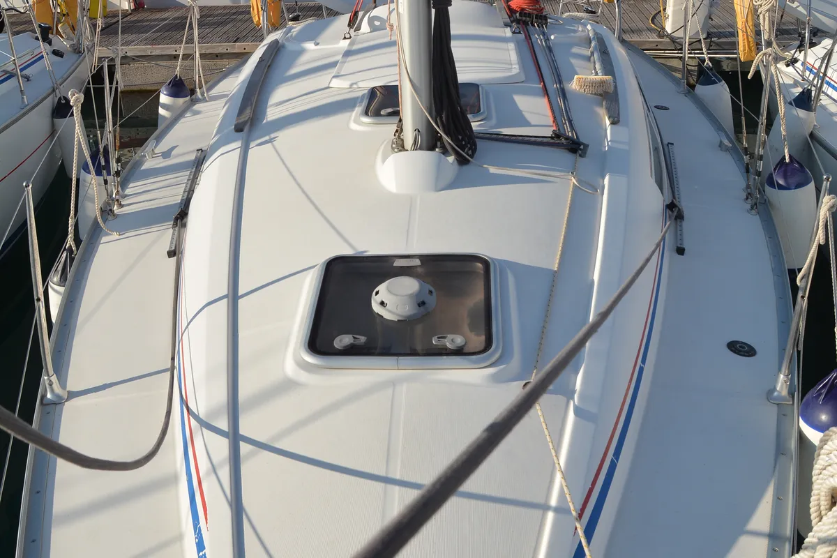Deck of Charoula, a Jeanneau Sun Odyssey 32i sailboat at Municipal Unit of Lefkada, Greece