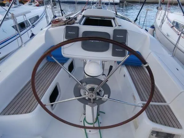 Cockpit of Charoula, a Jeanneau Sun Odyssey 32i sailboat at Municipal Unit of Lefkada, Greece