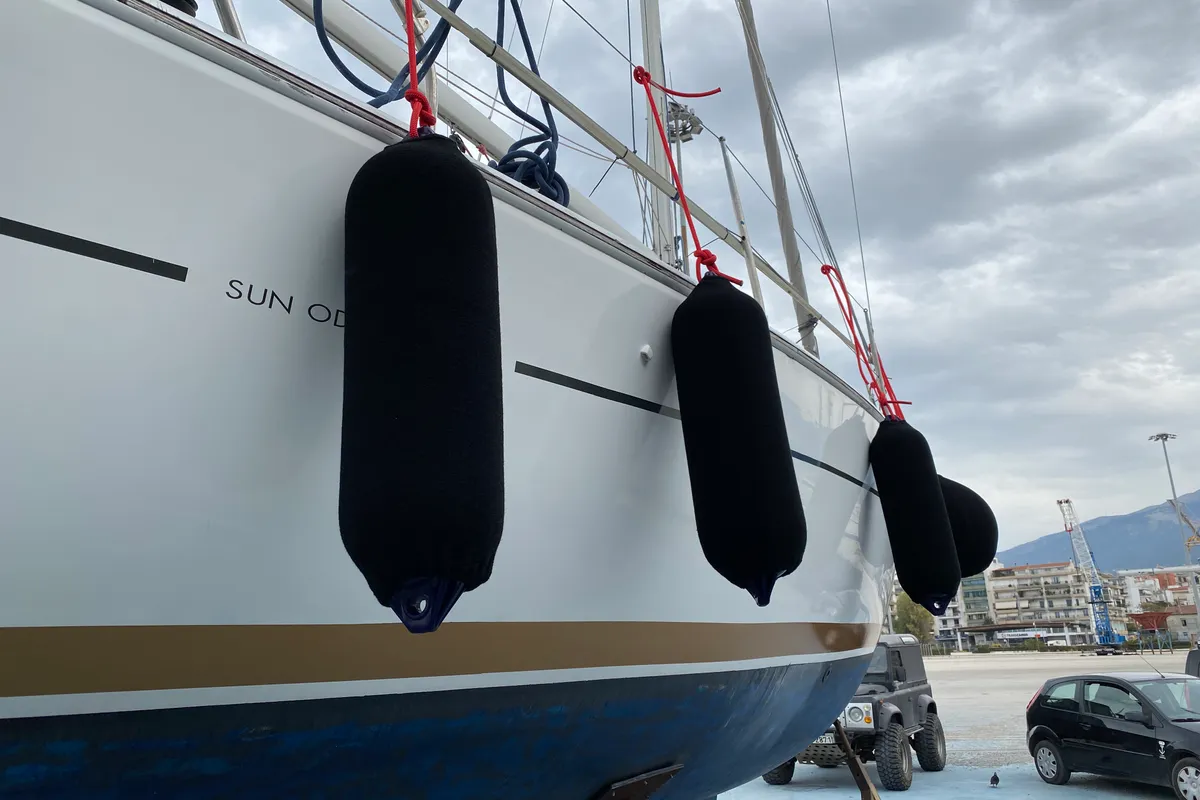 Exterior view of Charoula, a Jeanneau Sun Odyssey 32i sailboat at Municipal Unit of Lefkada, Greece