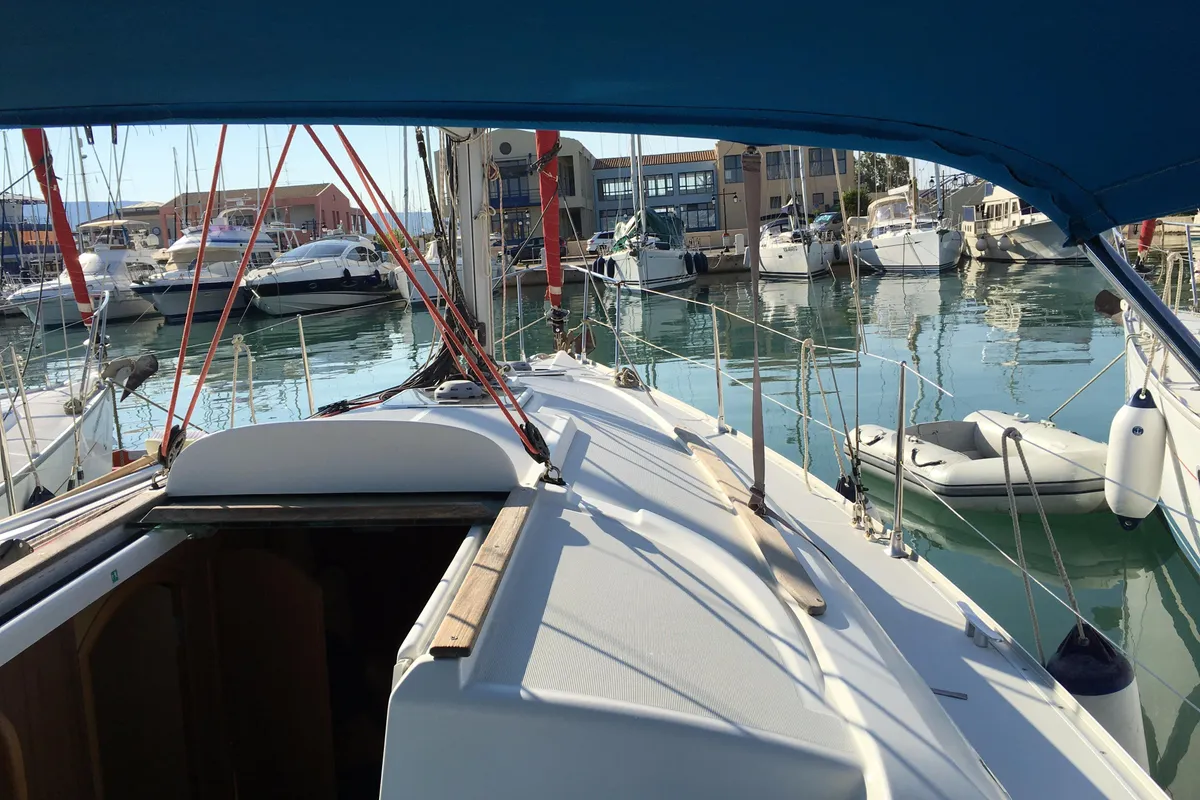 Deck of Charoula, a Jeanneau Sun Odyssey 32i sailboat at Municipal Unit of Lefkada, Greece