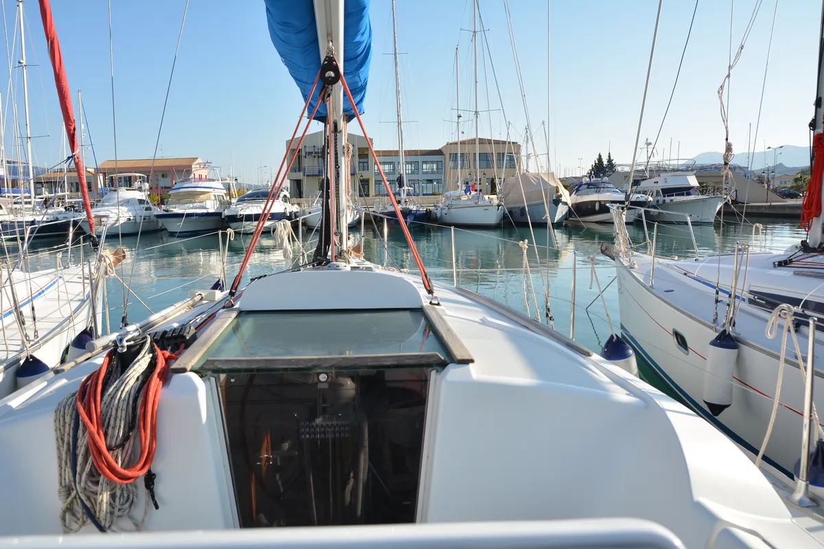 Exterior view of Charoula, a Jeanneau Sun Odyssey 32i sailboat at Municipal Unit of Lefkada, Greece