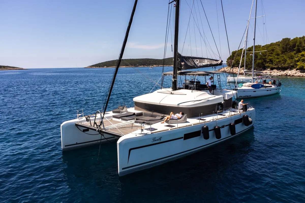 Exterior view of Serenity, a Lagoon 52 catamaran at Grad Kaštela, Croatia