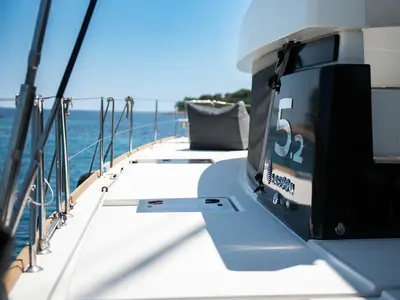 Deck of Serenity, a Lagoon 52 catamaran at Grad Kaštela, Croatia