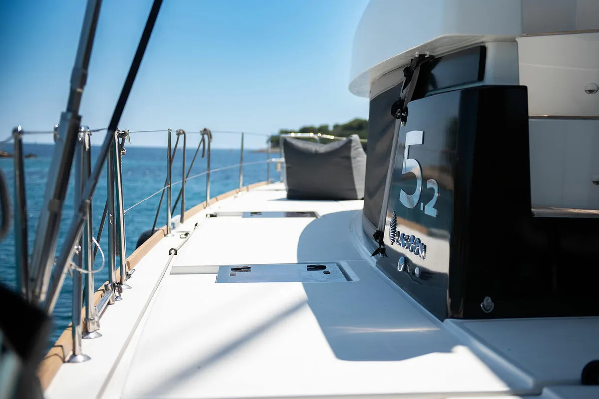 Deck of Serenity, a Lagoon 52 catamaran at Grad Kaštela, Croatia
