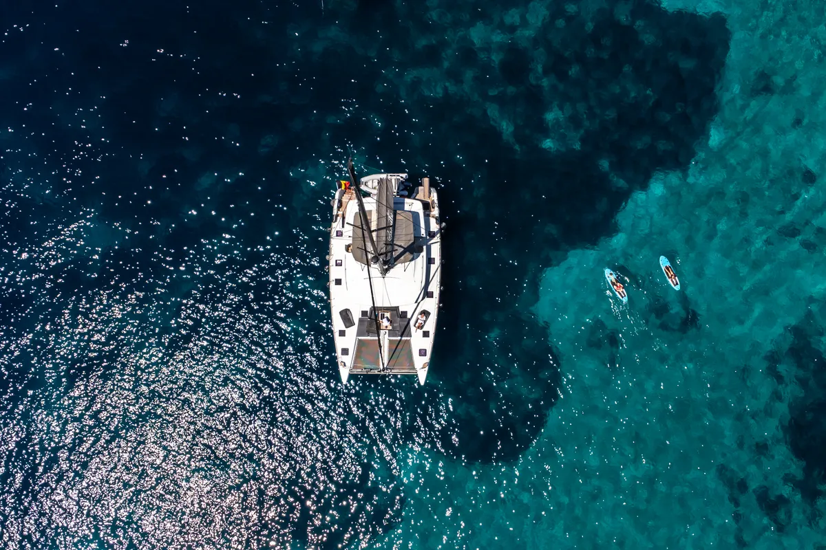 Exterior view of Serenity, a Lagoon 52 catamaran at Grad Kaštela, Croatia