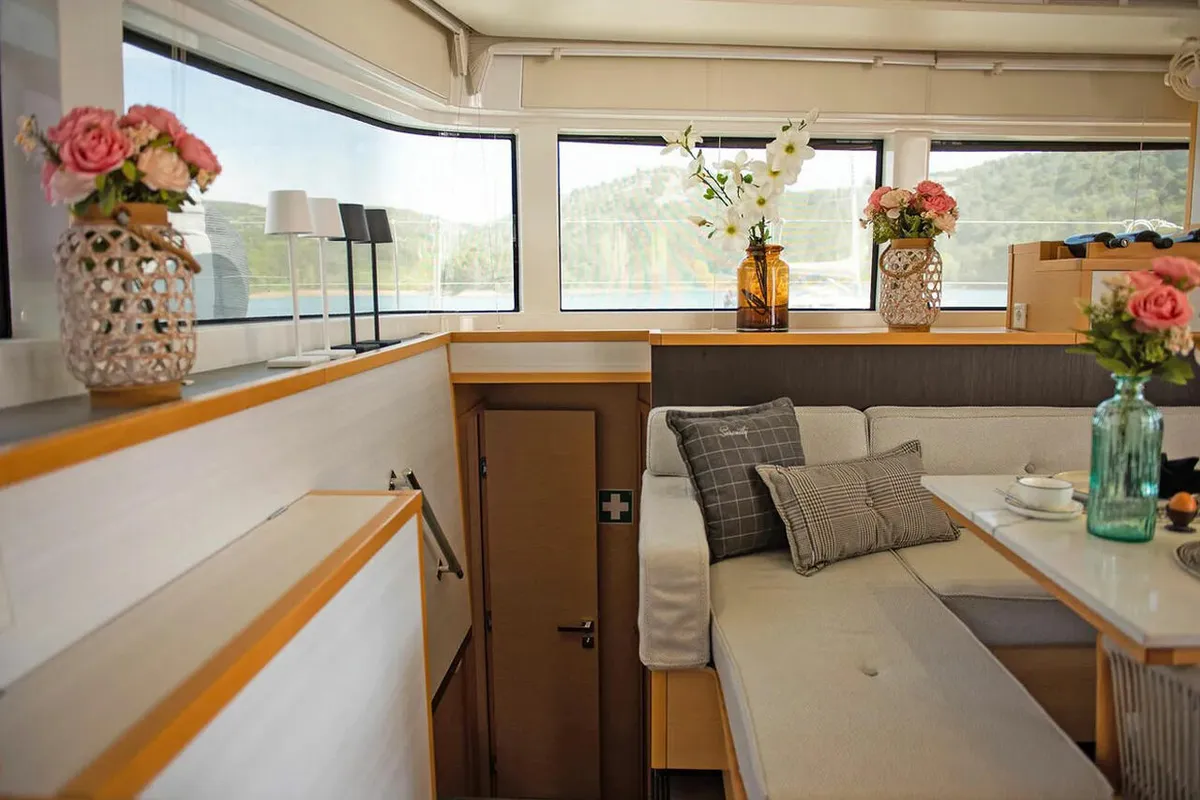 Salon of Serenity, a Lagoon 52 catamaran at Grad Kaštela, Croatia