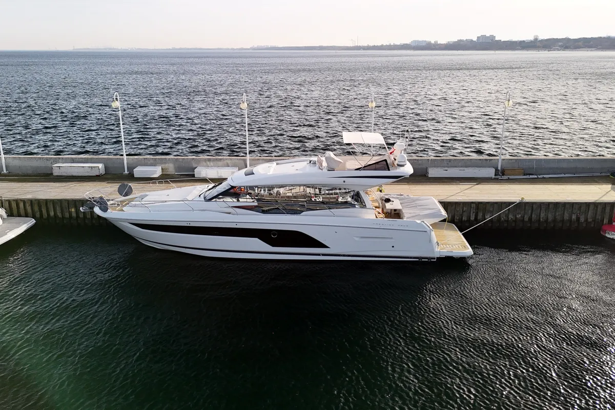 Exterior view of Dzianiny.Club 2, a Jeanneau Prestige 590 Flybridge motor yacht at Općina Sukošan, Croatia