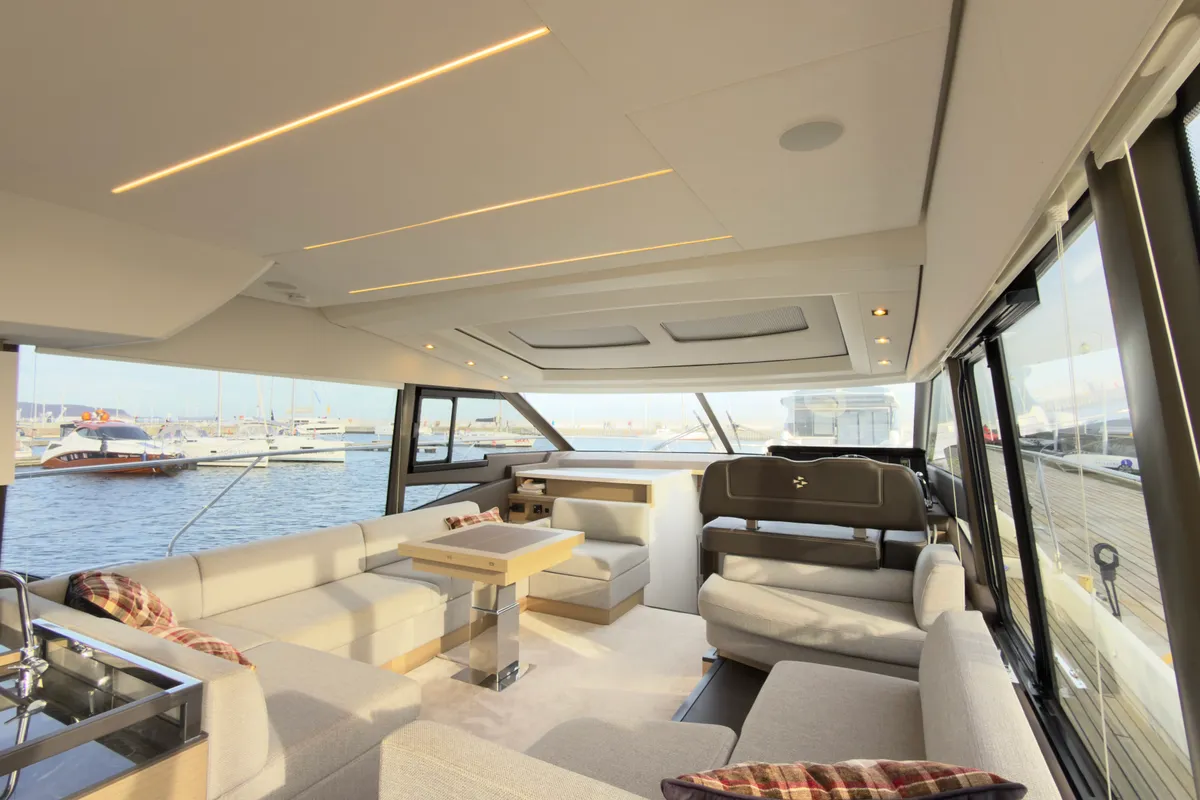 Salon of Dzianiny.Club 2, a Jeanneau Prestige 590 Flybridge motor yacht at Općina Sukošan, Croatia