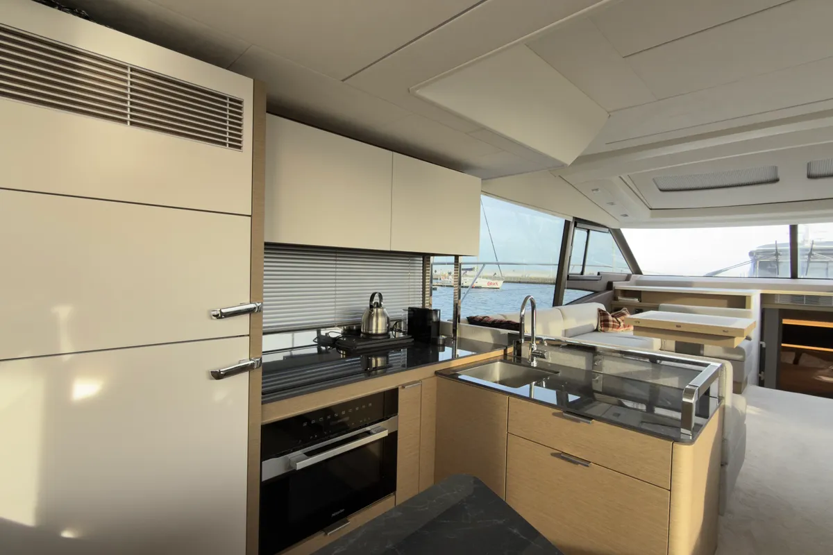 Galley of Dzianiny.Club 2, a Jeanneau Prestige 590 Flybridge motor yacht at Općina Sukošan, Croatia