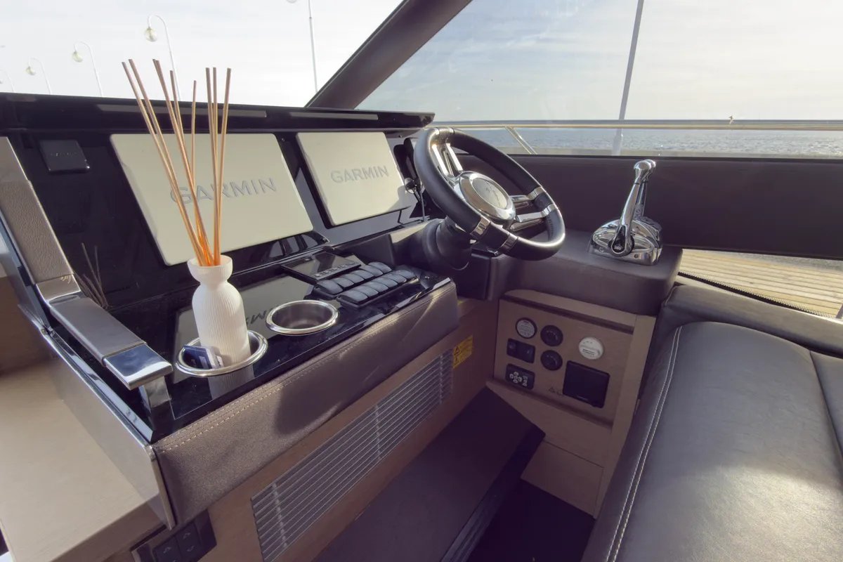 Cockpit of Dzianiny.Club 2, a Jeanneau Prestige 590 Flybridge motor yacht at Općina Sukošan, Croatia