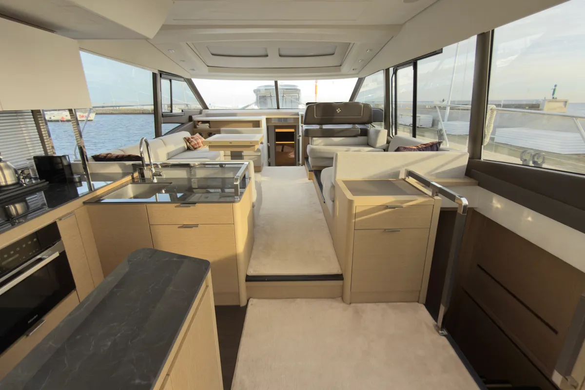 Salon of Dzianiny.Club 2, a Jeanneau Prestige 590 Flybridge motor yacht at Općina Sukošan, Croatia