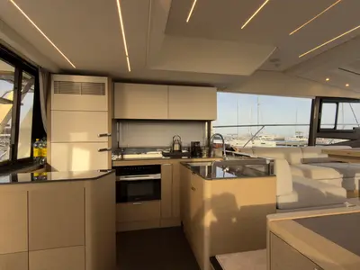 Galley of Dzianiny.Club 2, a Jeanneau Prestige 590 Flybridge motor yacht at Općina Sukošan, Croatia