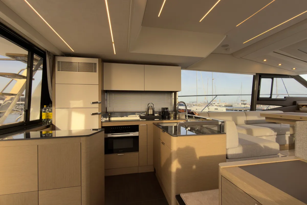 Galley of Dzianiny.Club 2, a Jeanneau Prestige 590 Flybridge motor yacht at Općina Sukošan, Croatia