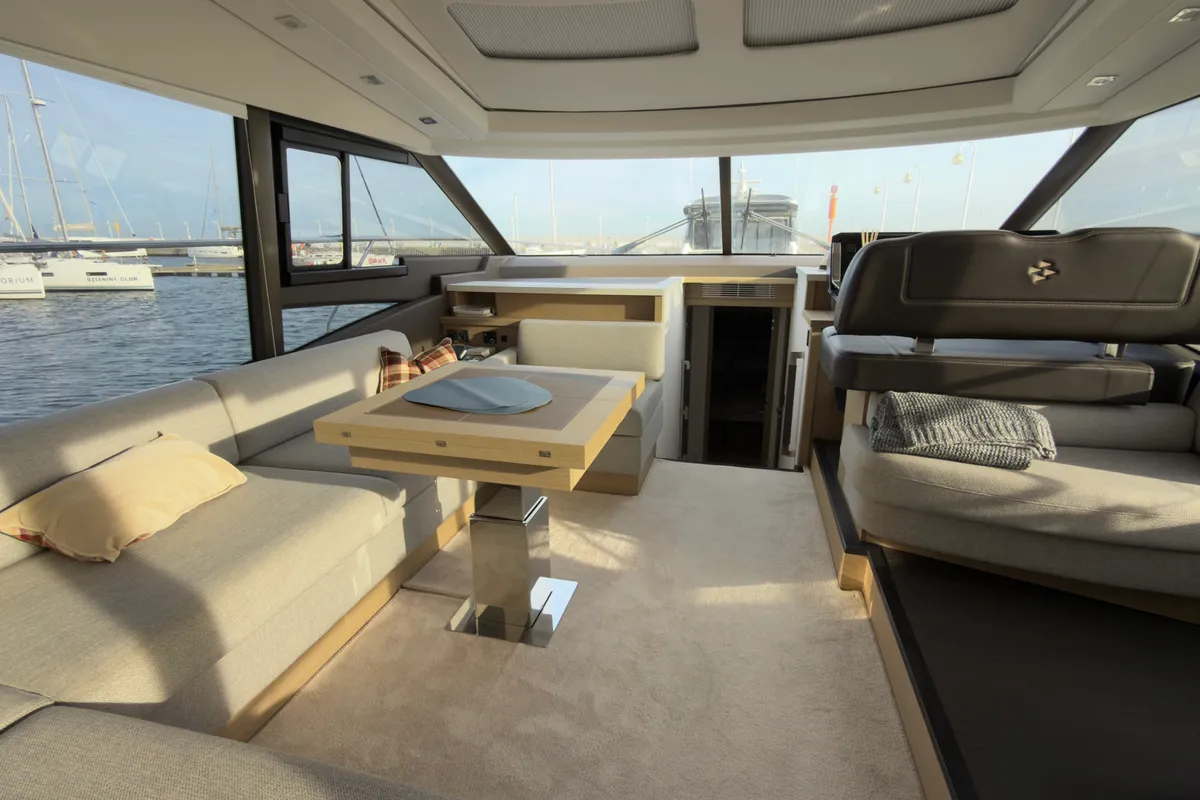 Salon of Dzianiny.Club 2, a Jeanneau Prestige 590 Flybridge motor yacht at Općina Sukošan, Croatia