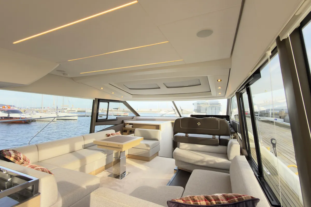 Salon of Dzianiny.Club 2, a Jeanneau Prestige 590 Flybridge motor yacht at Općina Sukošan, Croatia
