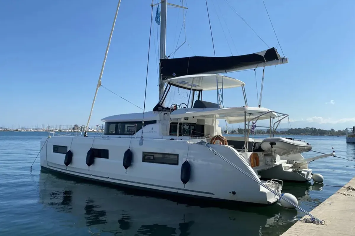 Exterior view of Sundowner, a Lagoon 46 catamaran at Preveza, Greece