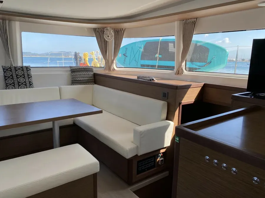 Salon of Sundowner, a Lagoon 46 catamaran at Preveza, Greece