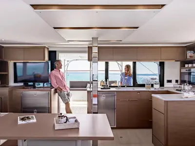 Salon of Sundowner, a Lagoon 46 catamaran at Preveza, Greece