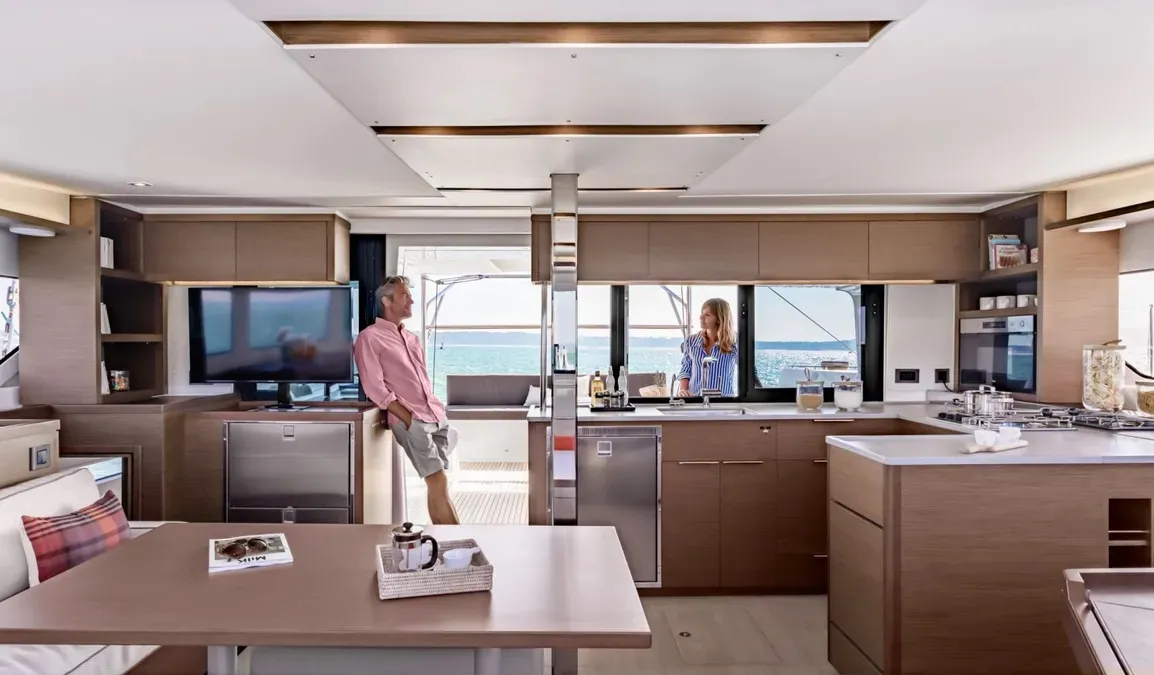 Salon of Sundowner, a Lagoon 46 catamaran at Preveza, Greece