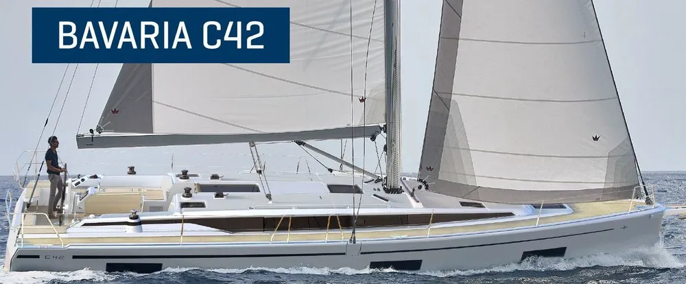 Exterior view of Harmonia, a Bavaria C42 sailboat at Municipal Unit of Rhodes, Greece