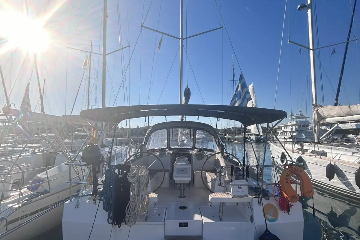 Cockpit of Harmonia, a Bavaria C42 sailboat at Municipal Unit of Rhodes, Greece