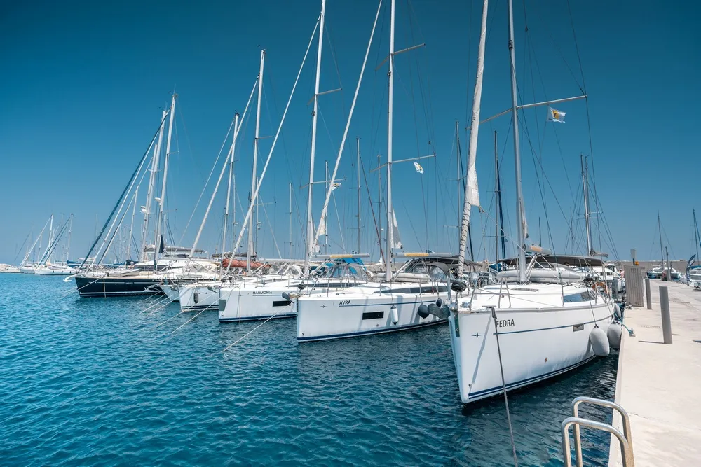 Exterior view of Harmonia, a Bavaria C42 sailboat at Municipal Unit of Rhodes, Greece