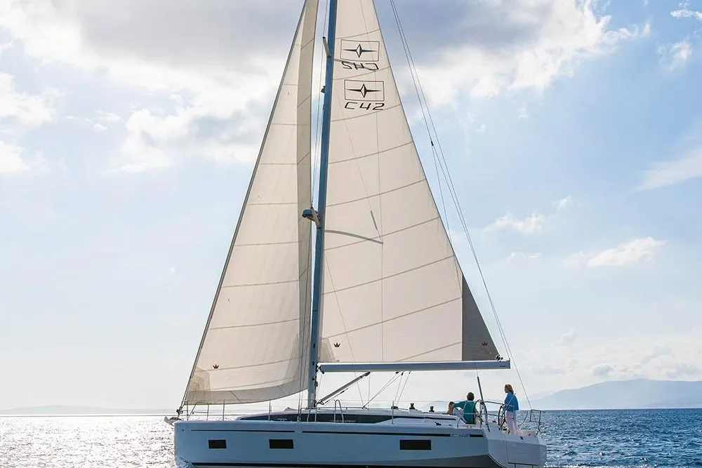 Exterior view of Harmonia, a Bavaria C42 sailboat at Municipal Unit of Rhodes, Greece