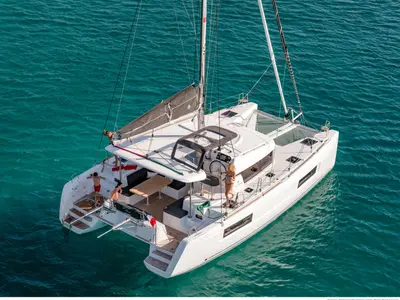 Exterior view of Pina Colada, a Lagoon 40 catamaran at Roche Caiman, Seychelles