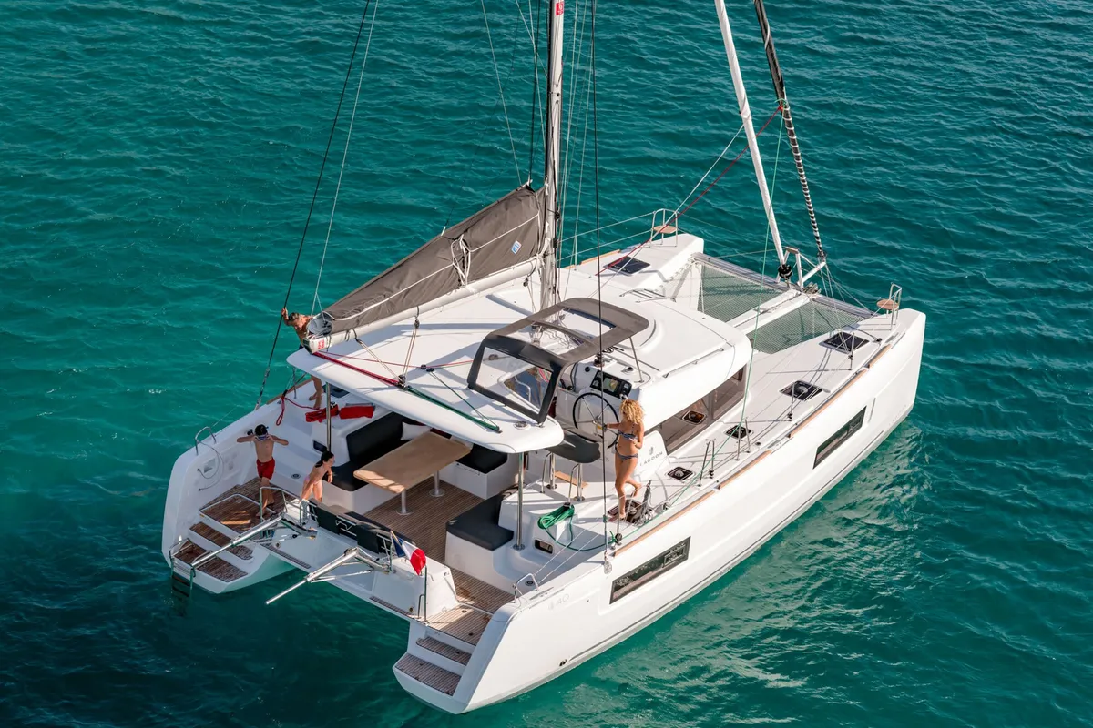 Exterior view of Pina Colada, a Lagoon 40 catamaran at Roche Caiman, Seychelles