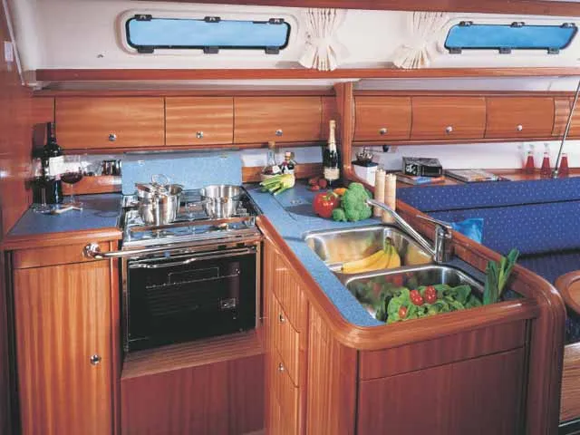 Galley of Emanuel, a Bavaria 36 sailboat at Grad Trogir, Croatia
