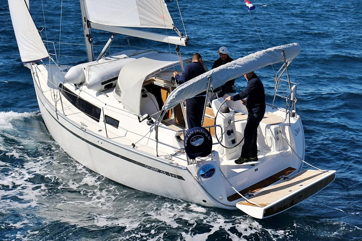 Exterior view of Chiara, a Bavaria Cruiser 33 sailboat at Sukošan, Croatia