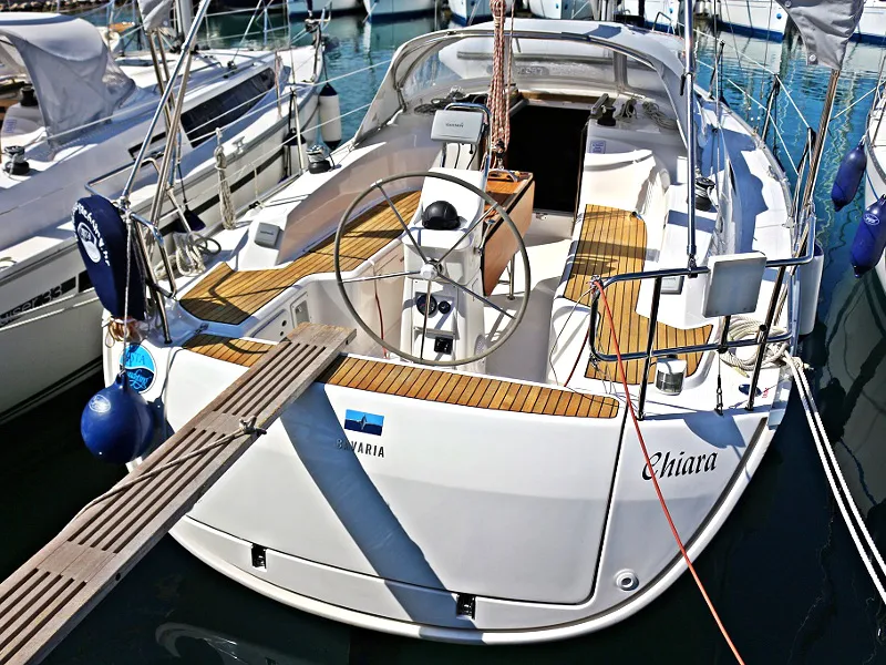 Exterior view of Chiara, a Bavaria Cruiser 33 sailboat at Sukošan, Croatia