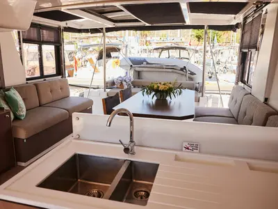 Galley of Ediba Toddler, a Bali 4.2 catamaran at Marmaris, Turkey