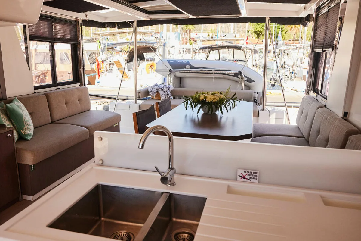 Galley of Ediba Toddler, a Bali 4.2 catamaran at Marmaris, Turkey